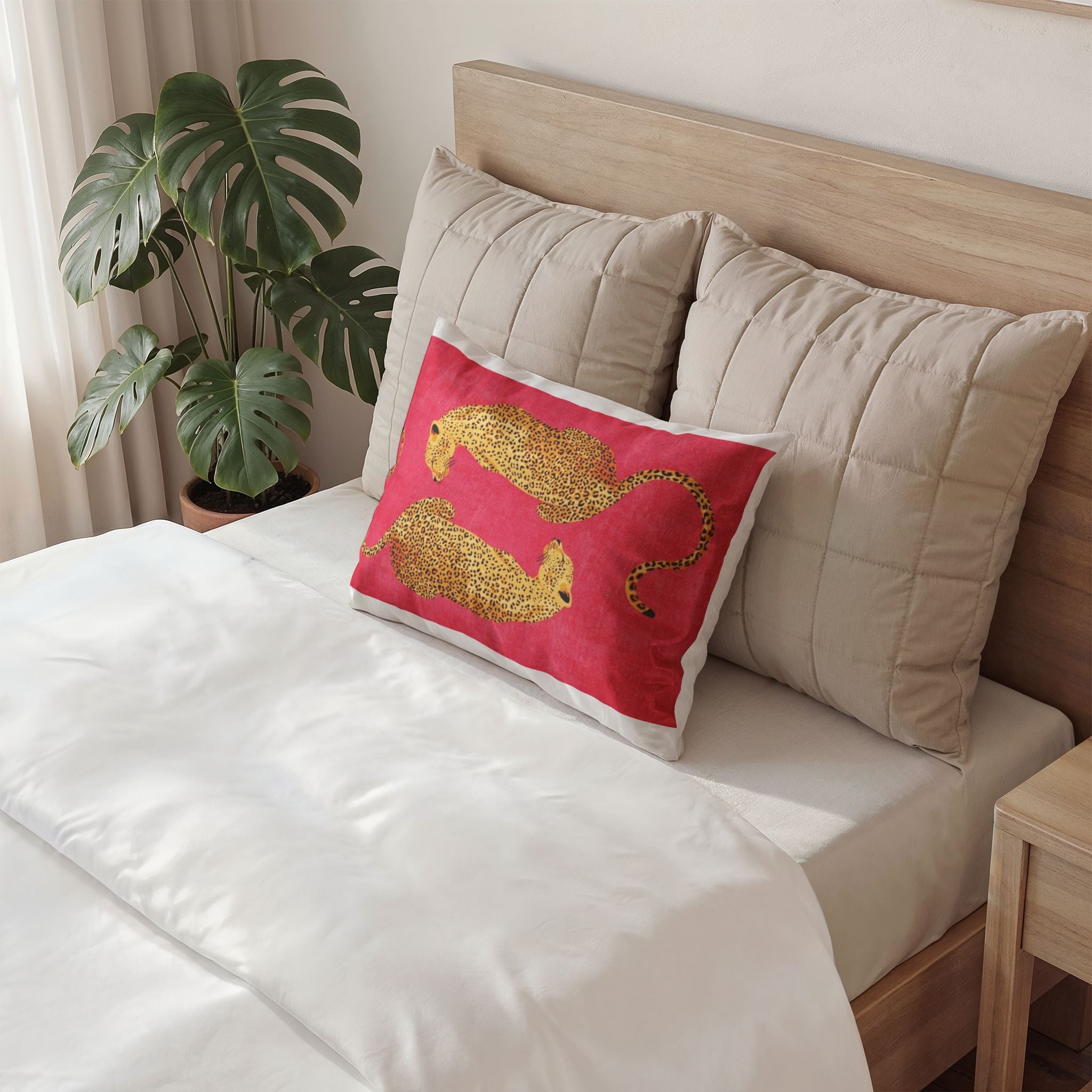 Leopard Pair Cotton Pillow Sham — Pink Watercolor Decorative Throw Pillowcase