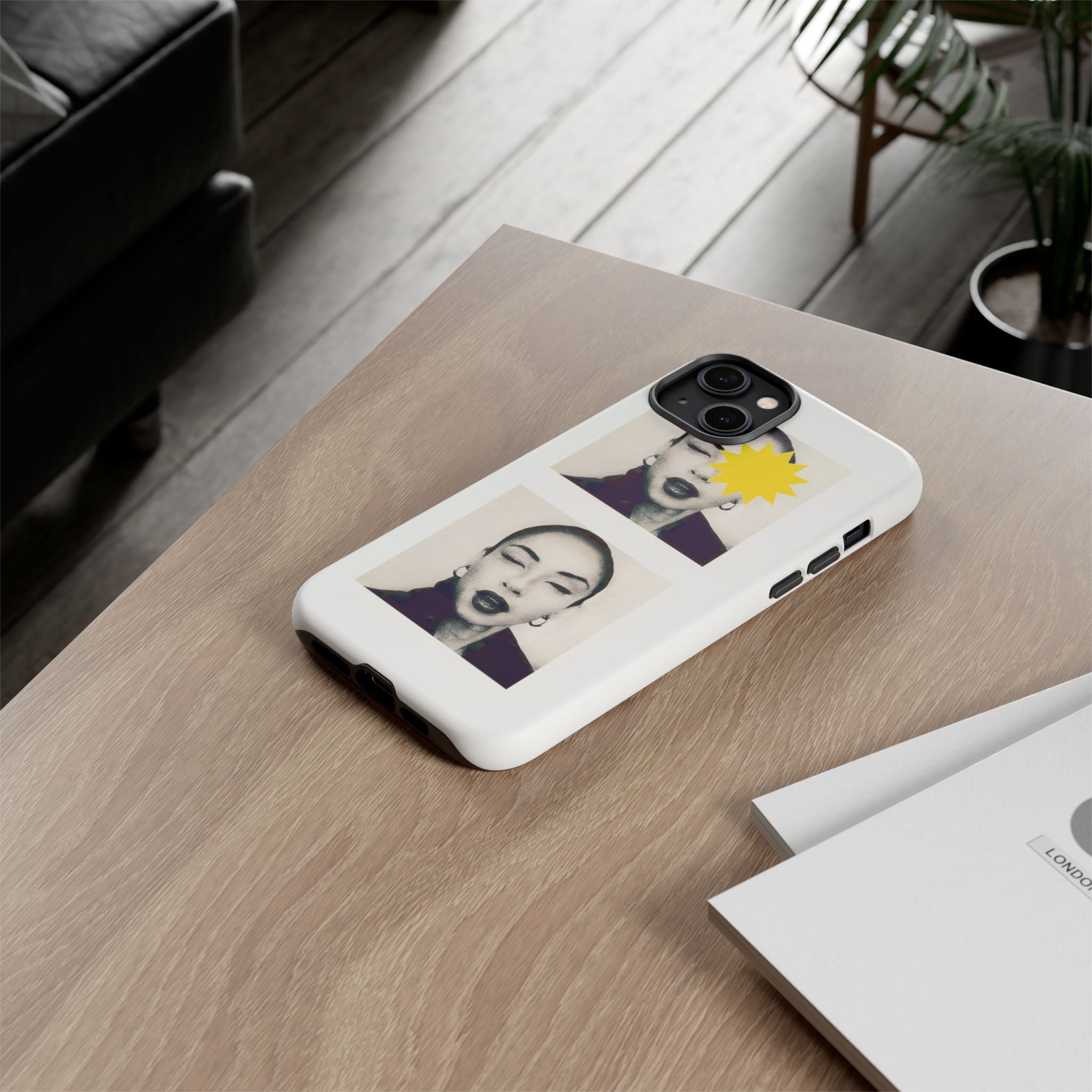SADE Phone Case — Retro Black & White Portrait with Yellow Sunburst