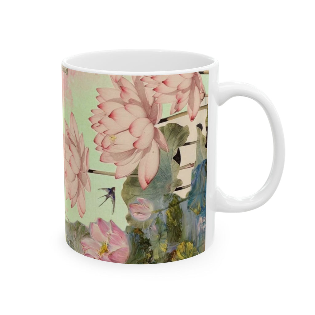 Vintage Floral Ceramic Mug — Pink Lotus & Botanical Tea Cup (11oz, 15oz)
