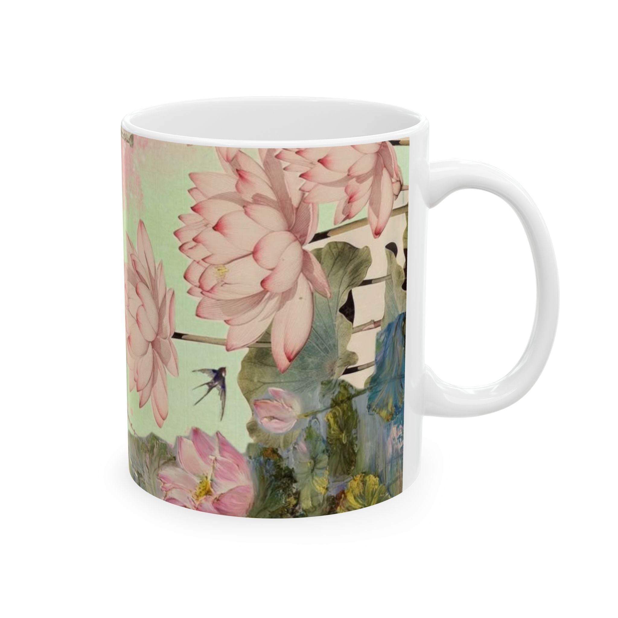 Vintage Floral Ceramic Mug — Pink Lotus & Botanical Tea Cup (11oz, 15oz)