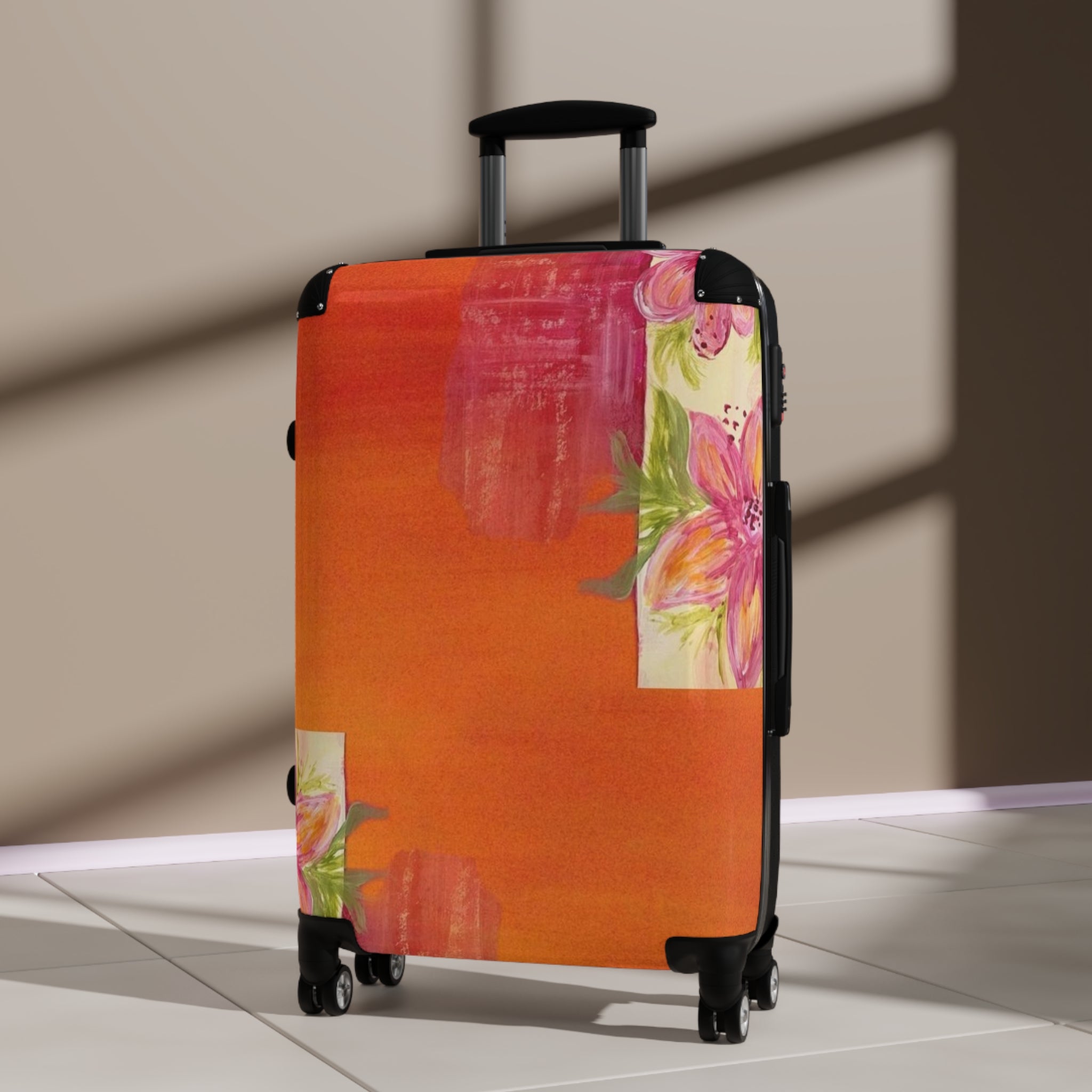 Floral Sunset Suitcase – Vibrant Orange Travel Luggage with Pink Rose Accents