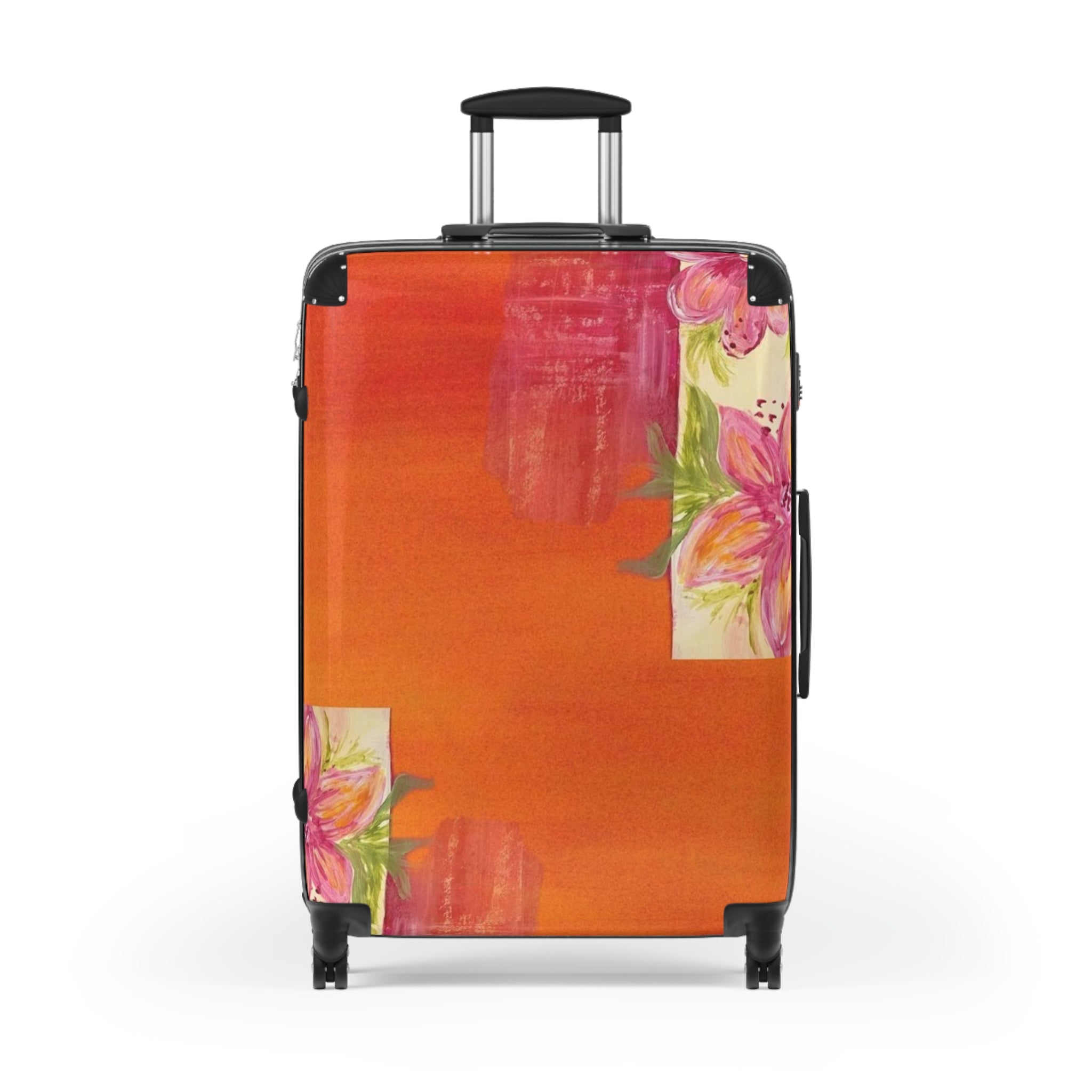 Floral Sunset Suitcase – Vibrant Orange Travel Luggage with Pink Rose Accents