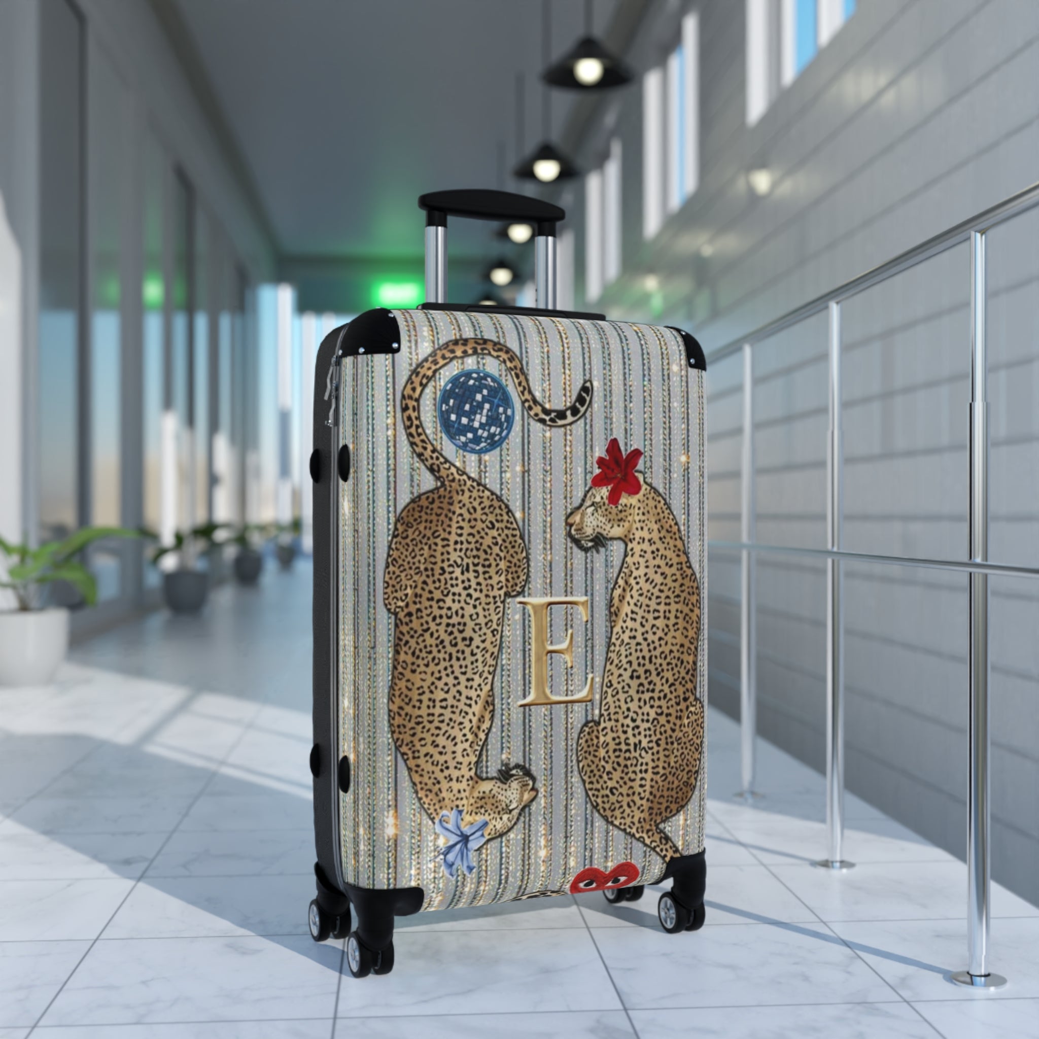 Monogram Leopard Twin Suitcase – Personalized Rolling Carry-On with Floral Accents