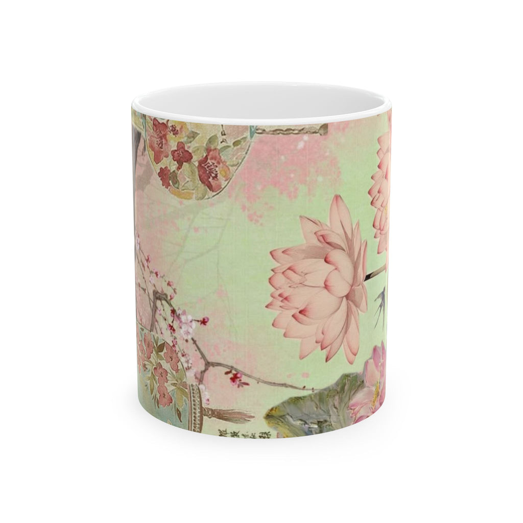 Vintage Floral Ceramic Mug — Pink Lotus & Botanical Tea Cup (11oz, 15oz)