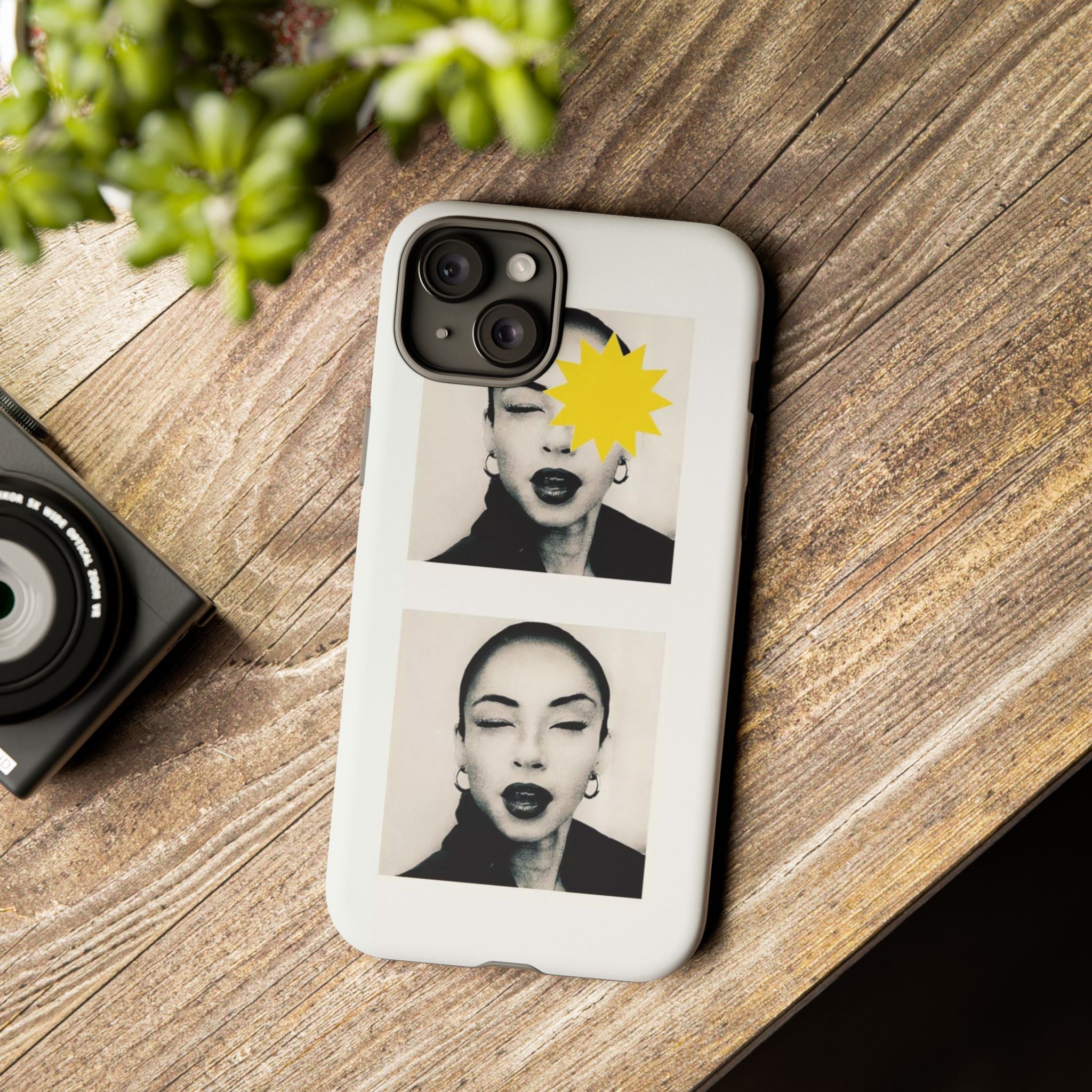 SADE Phone Case — Retro Black & White Portrait with Yellow Sunburst