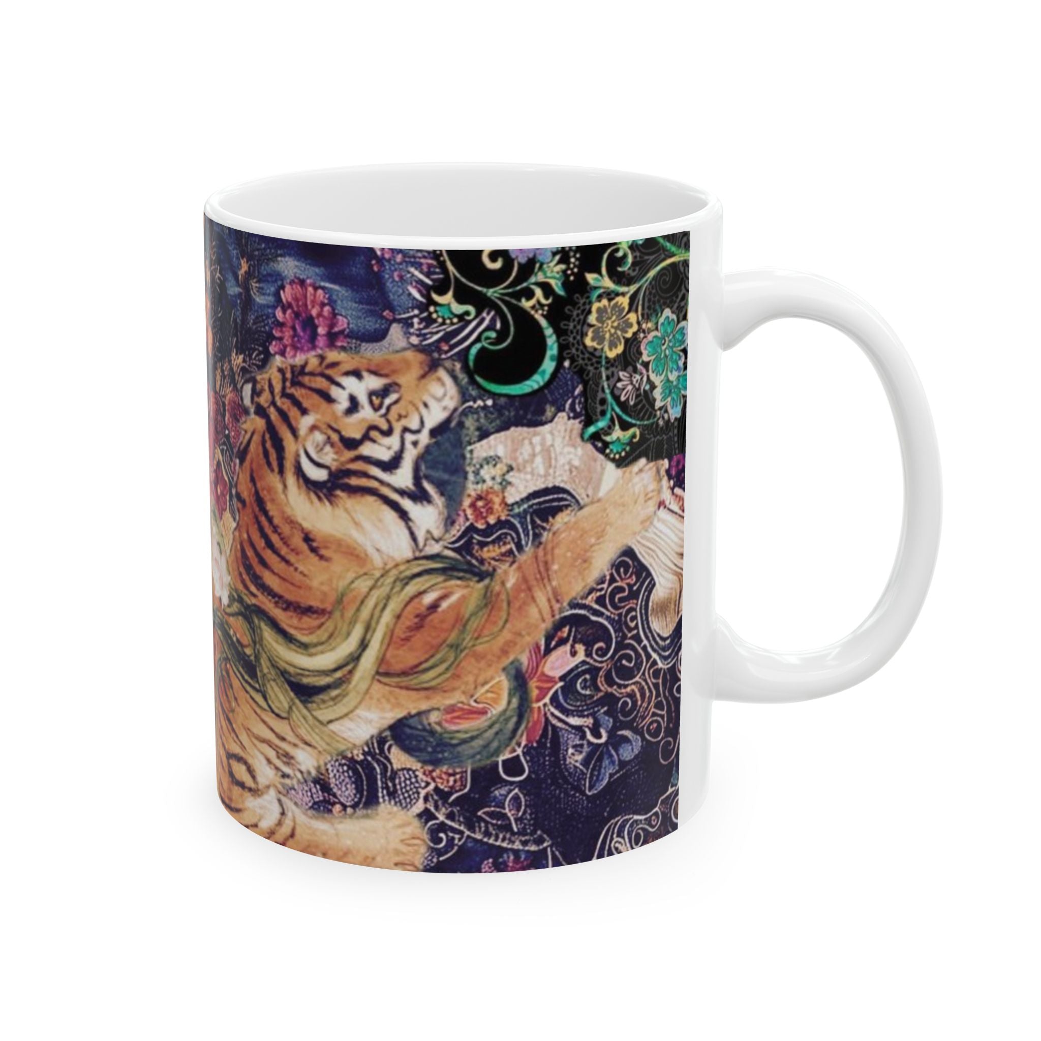 Wild Garden Tiger Ceramic Mug — Floral Jungle Art Coffee Cup (11oz/15oz)