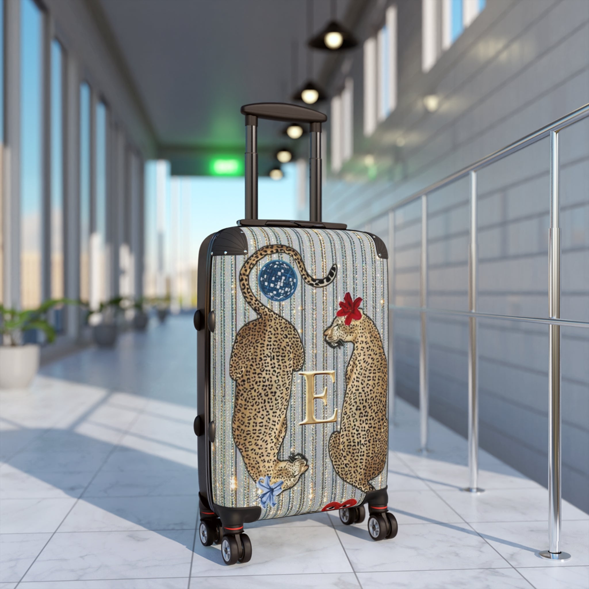 Monogram Leopard Twin Suitcase – Personalized Rolling Carry-On with Floral Accents