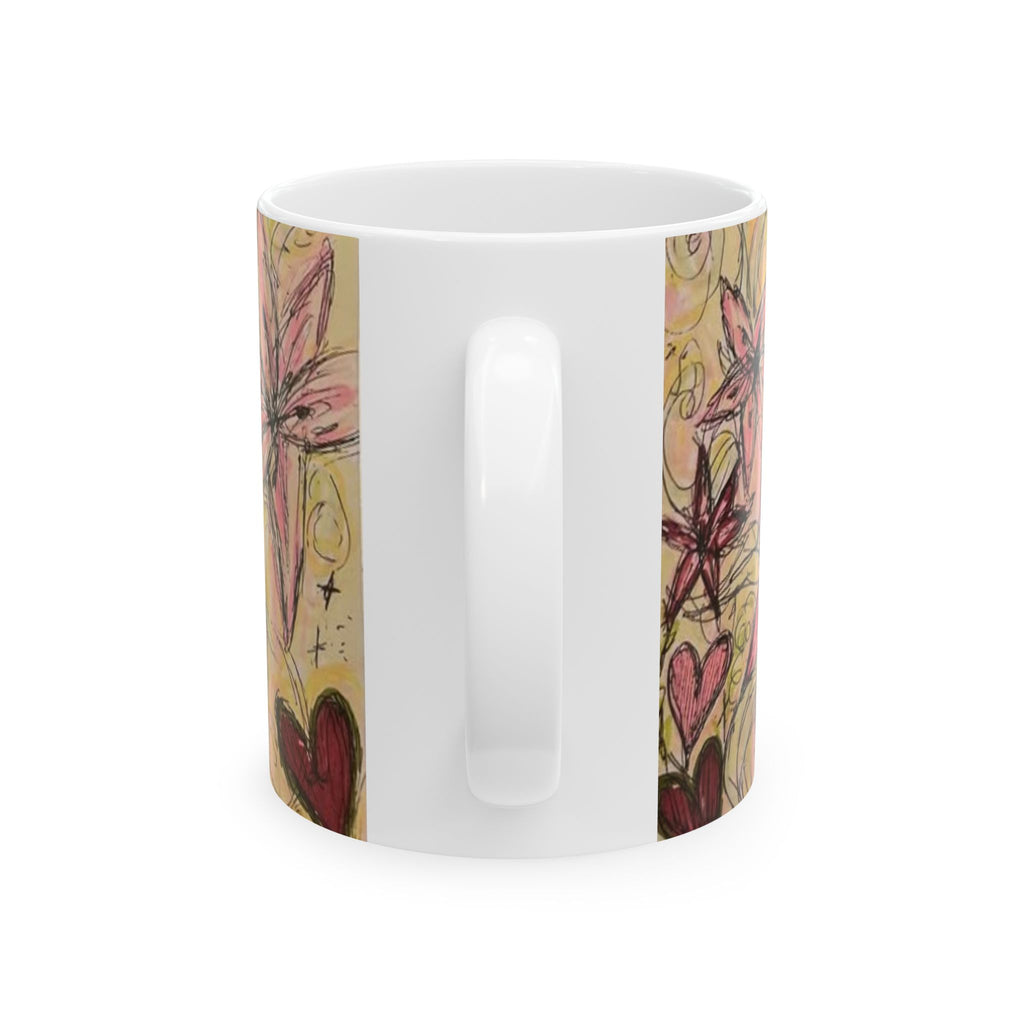 Hand-Drawn Floral Ceramic Mug (11oz/15oz) — Whimsical Hearts & Lanterns Art