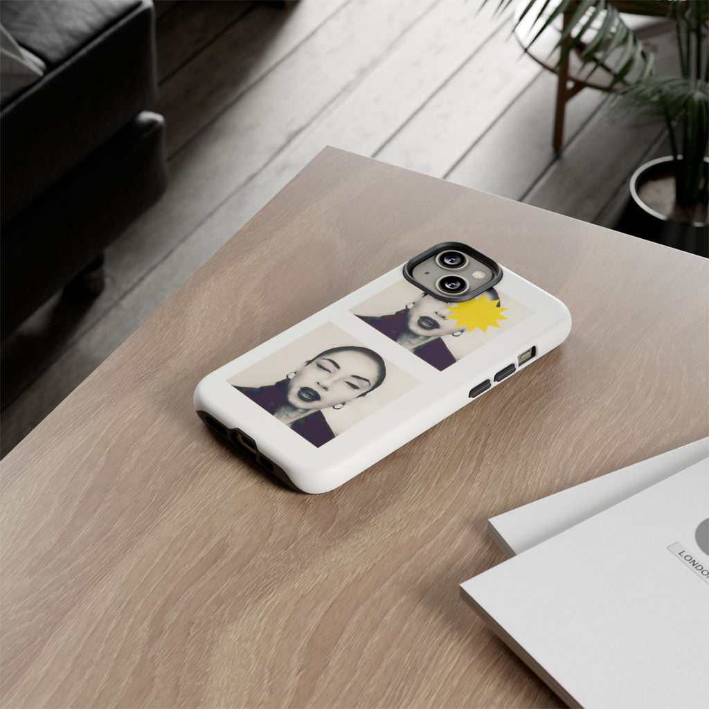 SADE Phone Case — Retro Black & White Portrait with Yellow Sunburst