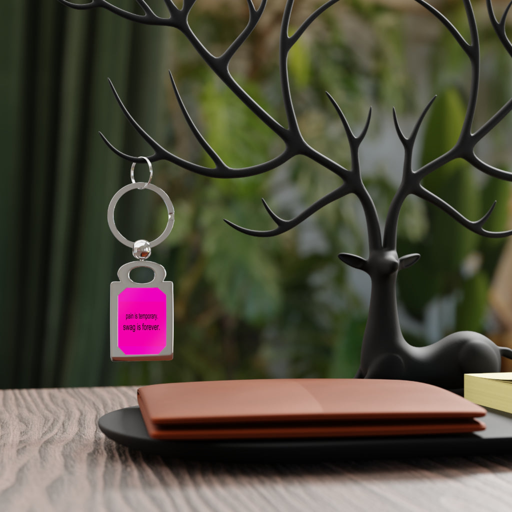 Rectangle Keyring — "pain is temporary, swag is forever." Pink Metal Photo Keychain