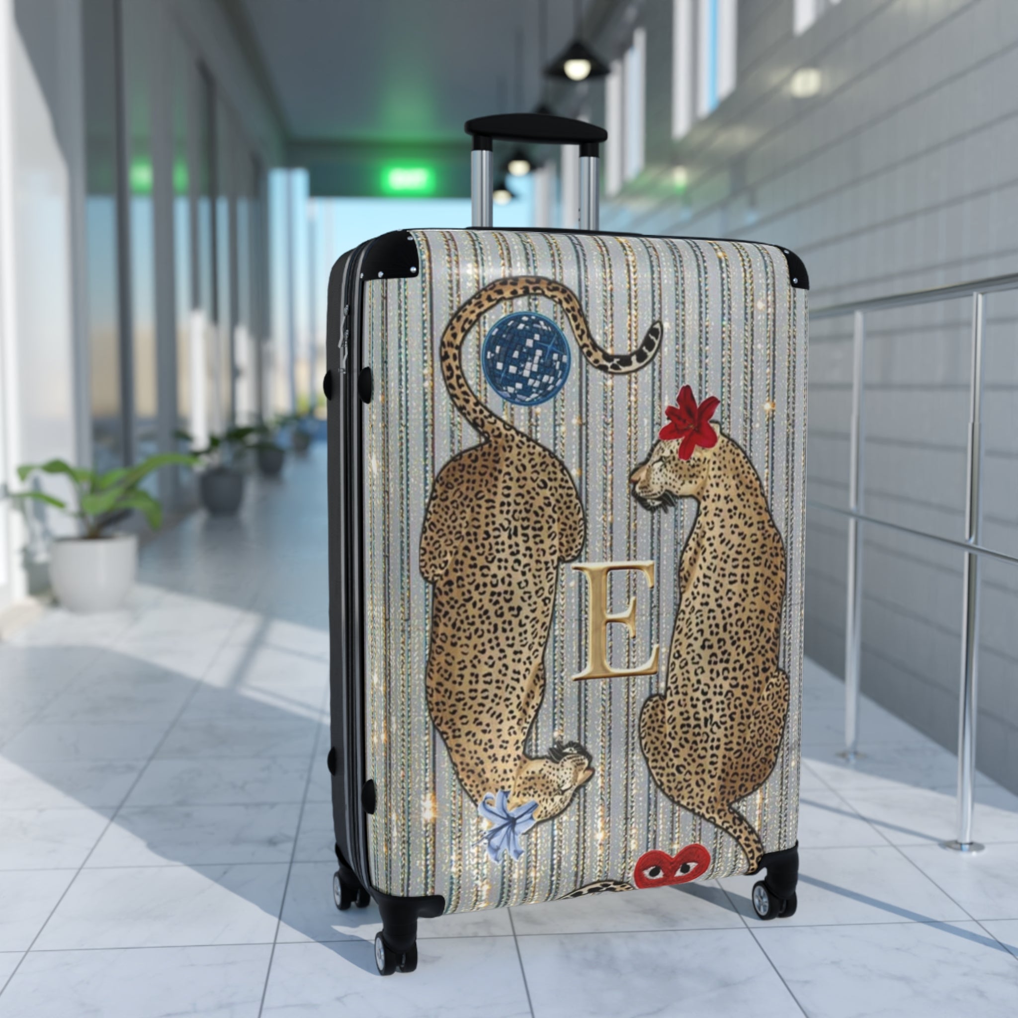 Monogram Leopard Twin Suitcase – Personalized Rolling Carry-On with Floral Accents