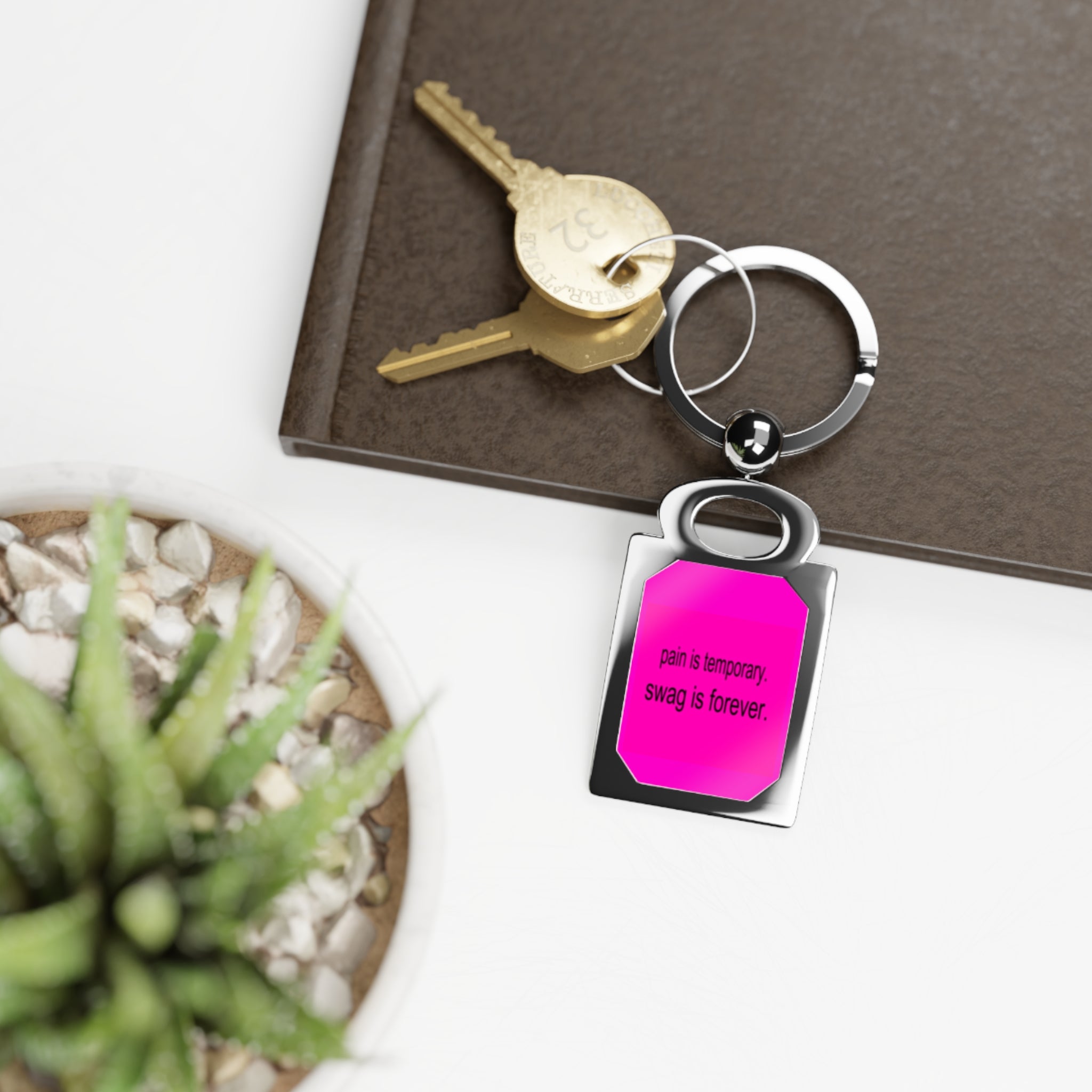 Rectangle Keyring — "pain is temporary, swag is forever." Pink Metal Photo Keychain