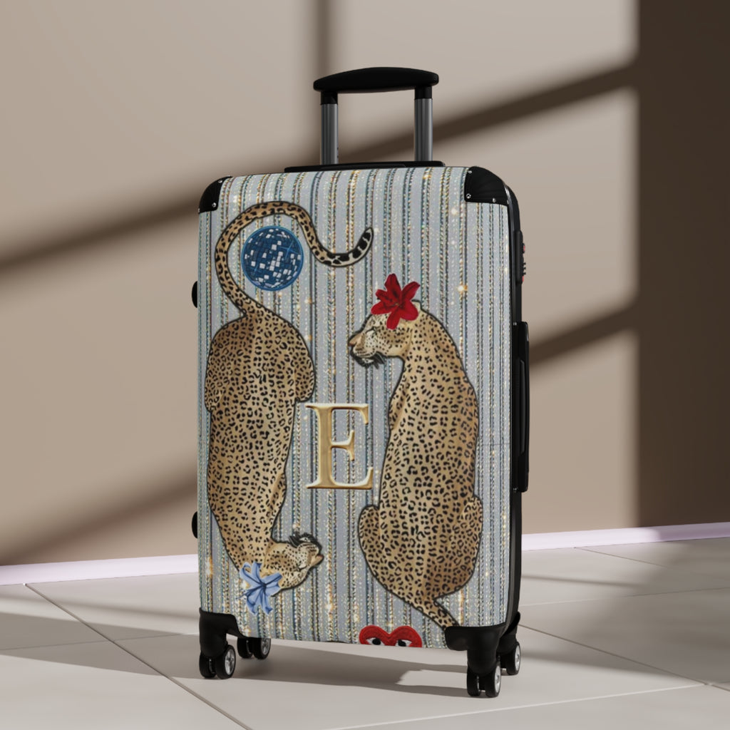 Monogram Leopard Twin Suitcase – Personalized Rolling Carry-On with Floral Accents