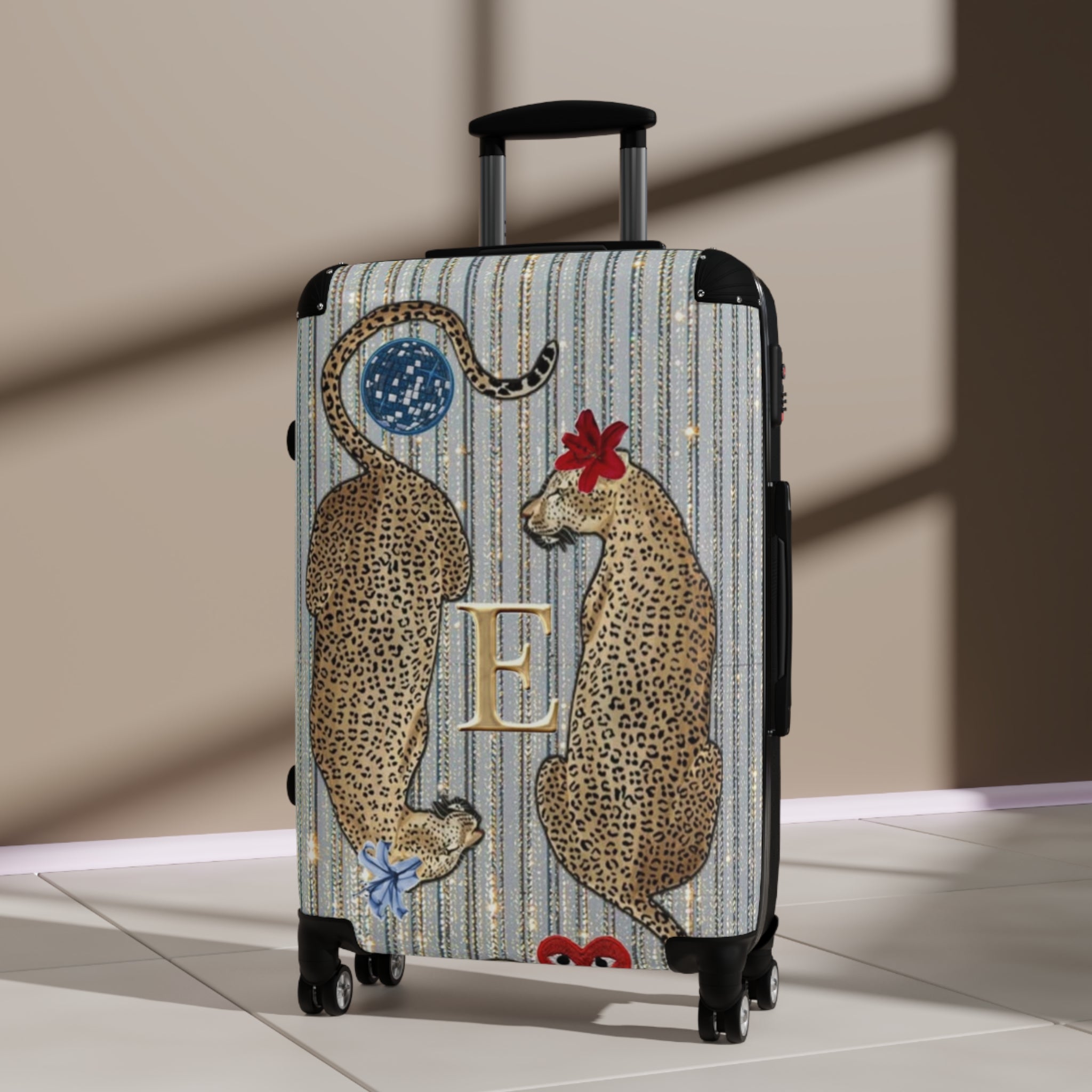 Monogram Leopard Twin Suitcase – Personalized Rolling Carry-On with Floral Accents