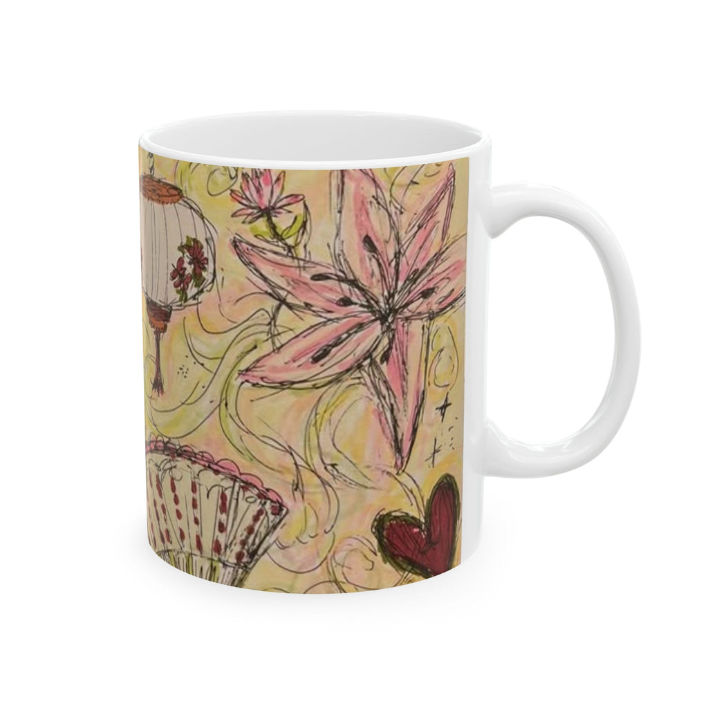 Hand-Drawn Floral Ceramic Mug (11oz/15oz) — Whimsical Hearts & Lanterns Art