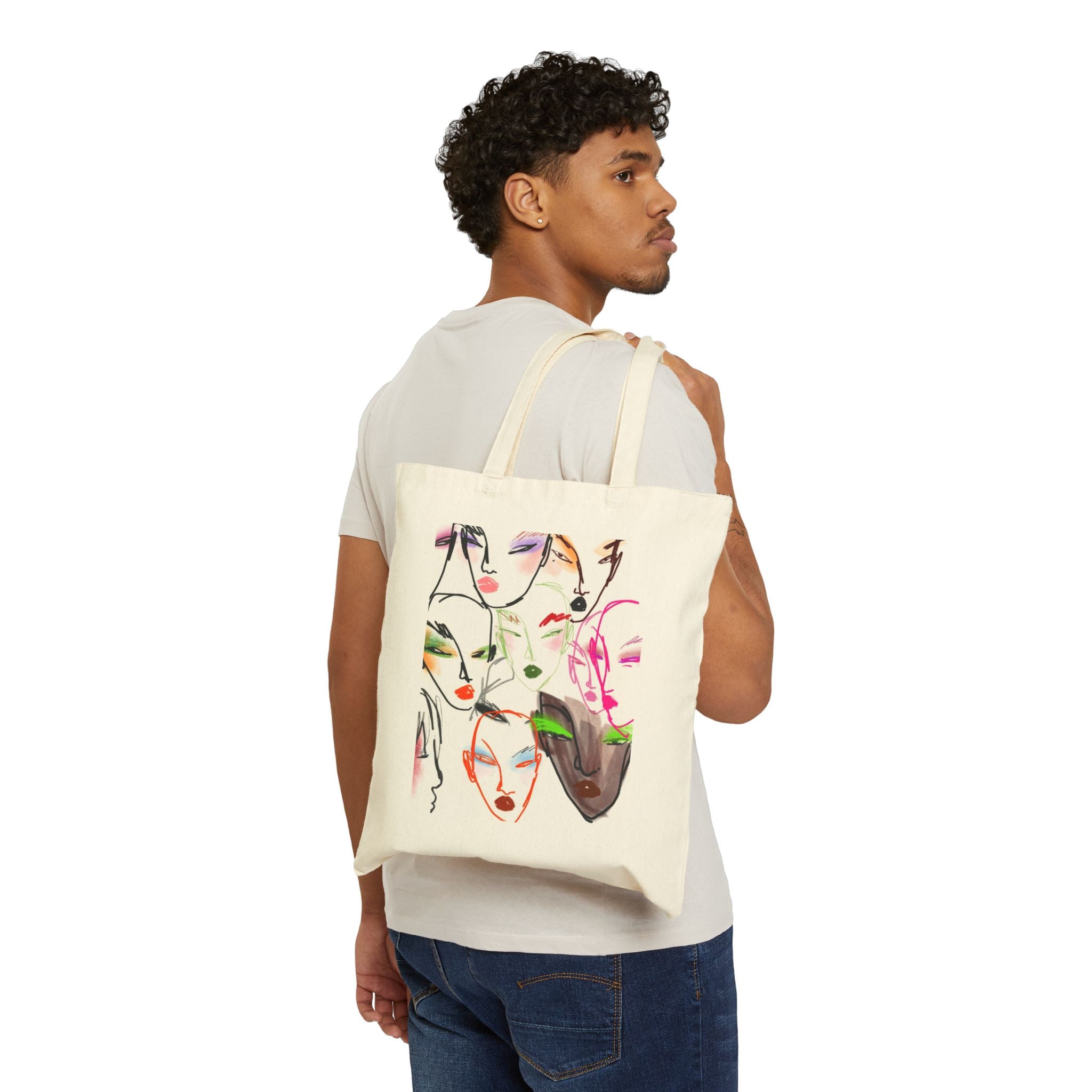 Abstract Faces Canvas Tote Bag — Colorful Watercolor Portrait Shopper
