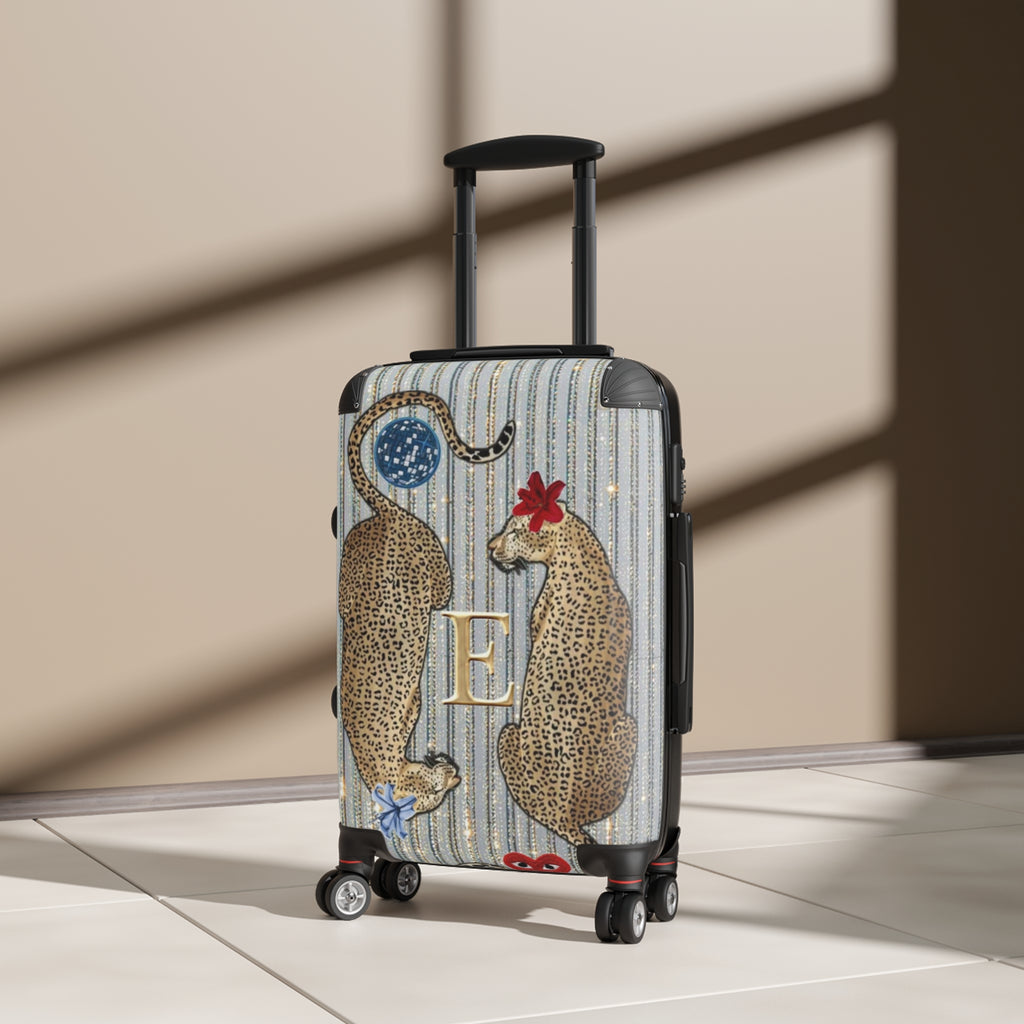 Monogram Leopard Twin Suitcase – Personalized Rolling Carry-On with Floral Accents