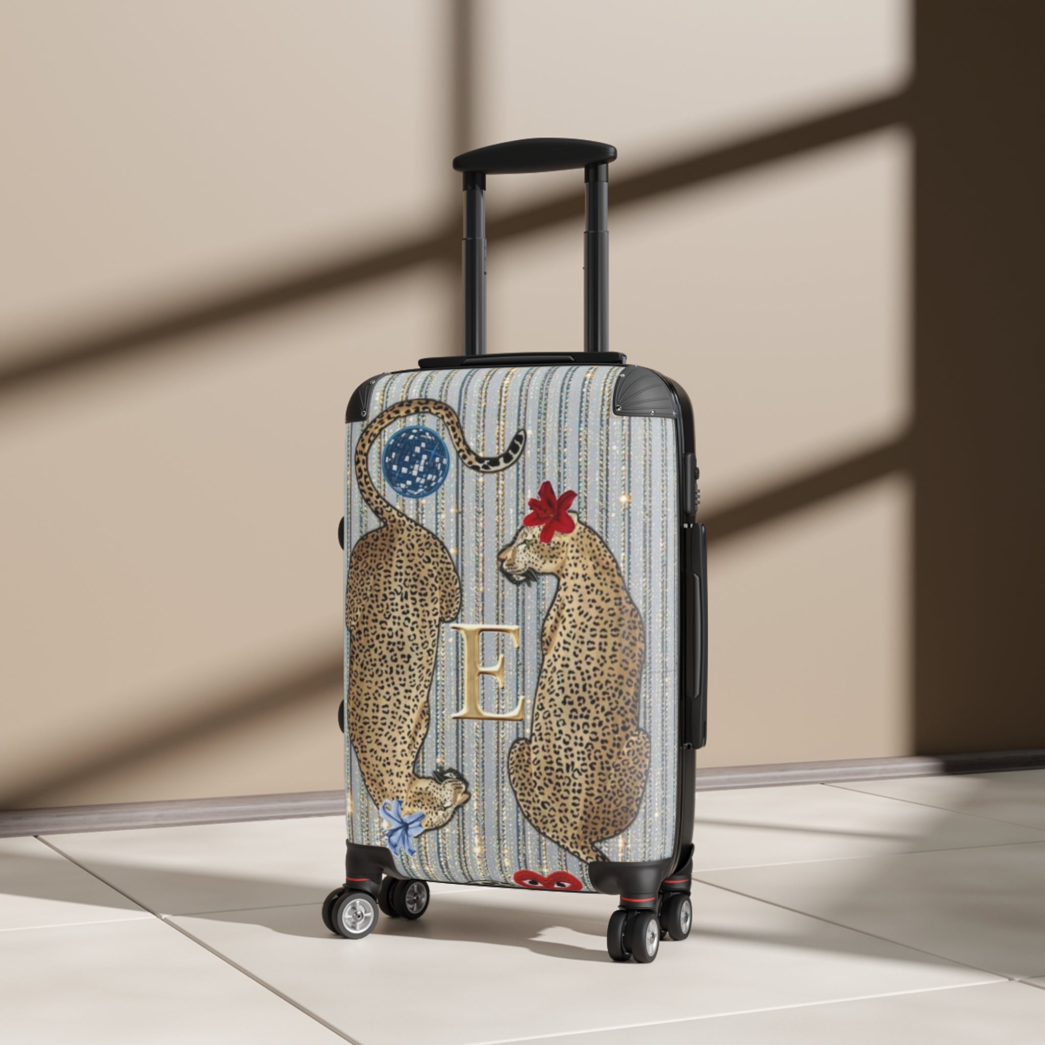 Monogram Leopard Twin Suitcase – Personalized Rolling Carry-On with Floral Accents