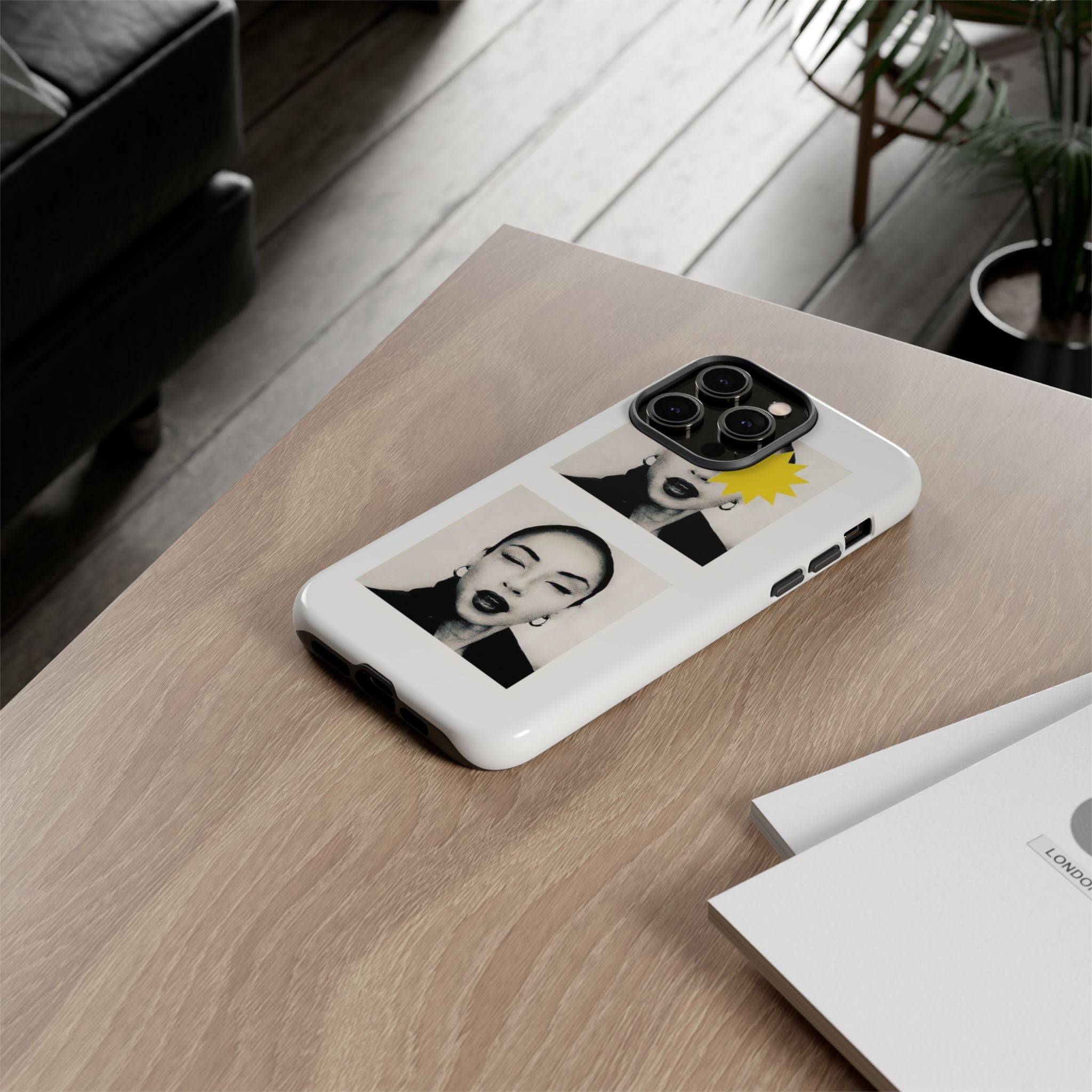 SADE Phone Case — Retro Black & White Portrait with Yellow Sunburst