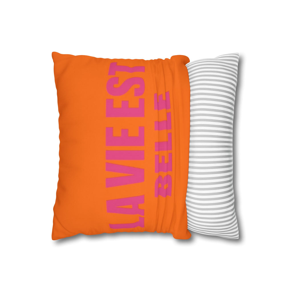 Square Pillowcase — "La Vie Est Belle" Orange & Pink Decorative Throw Pillow Cover