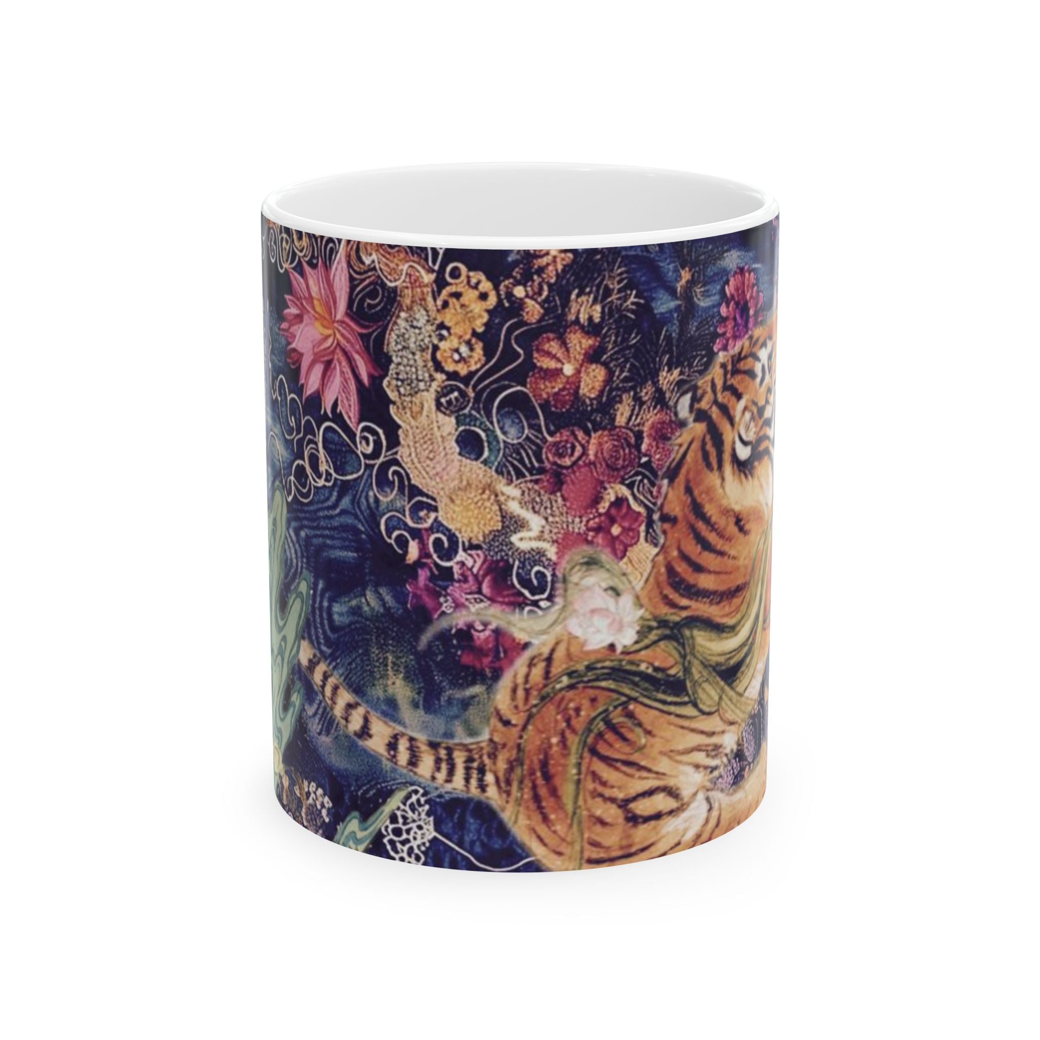 Wild Garden Tiger Ceramic Mug — Floral Jungle Art Coffee Cup (11oz/15oz)