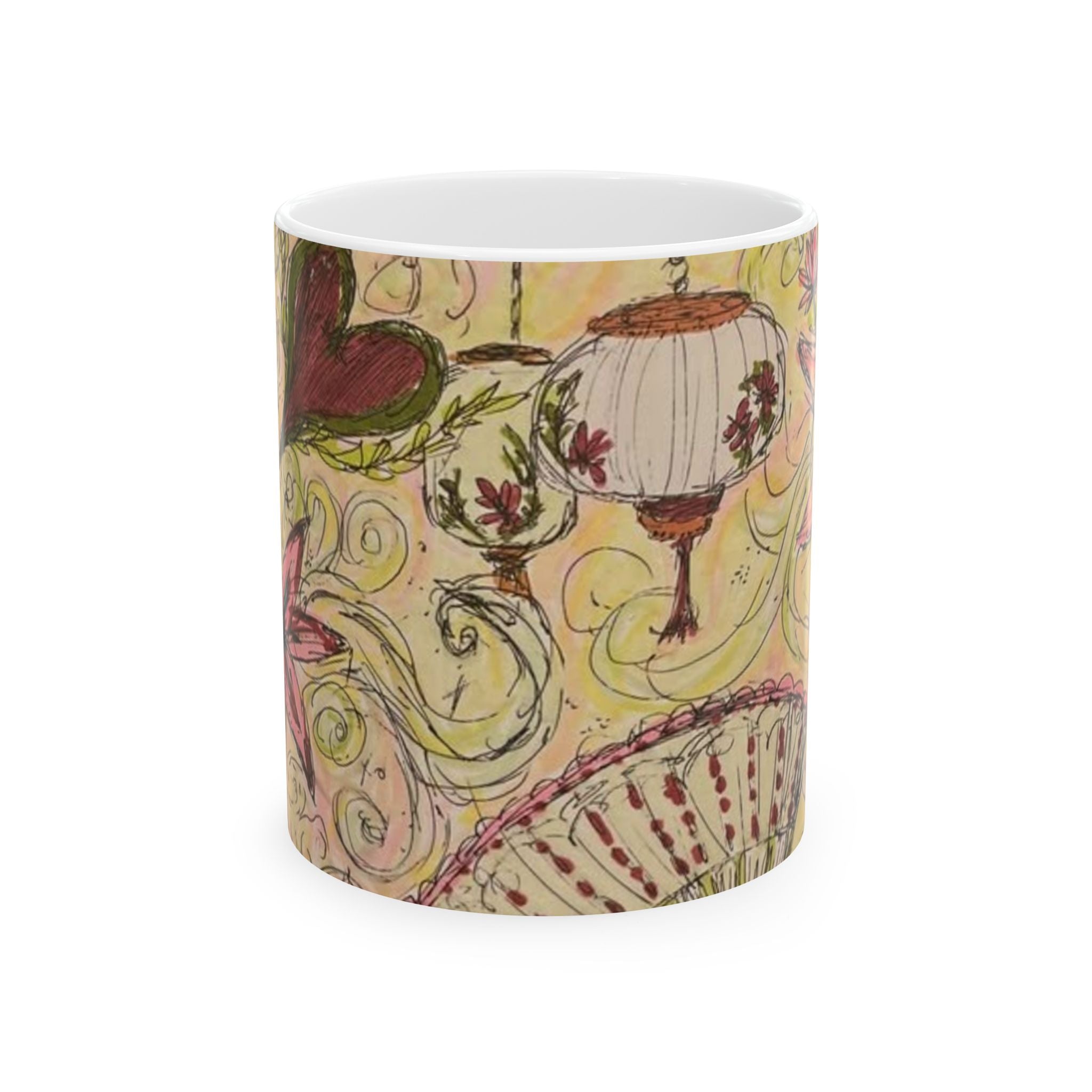 Hand-Drawn Floral Ceramic Mug (11oz/15oz) — Whimsical Hearts & Lanterns Art