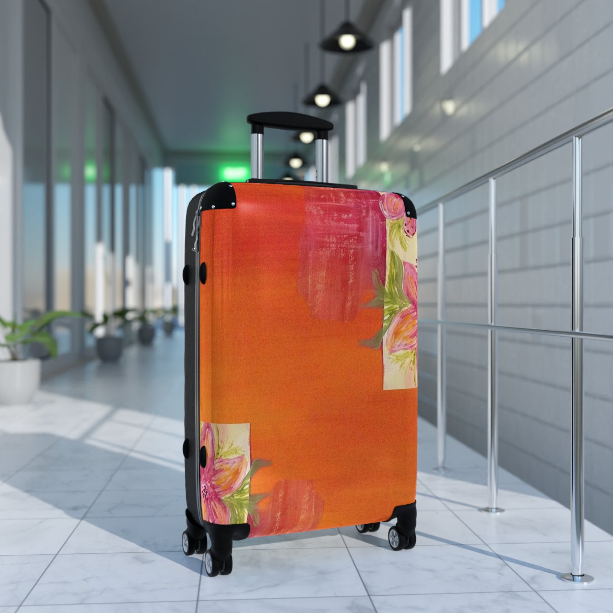 Floral Sunset Suitcase – Vibrant Orange Travel Luggage with Pink Rose Accents