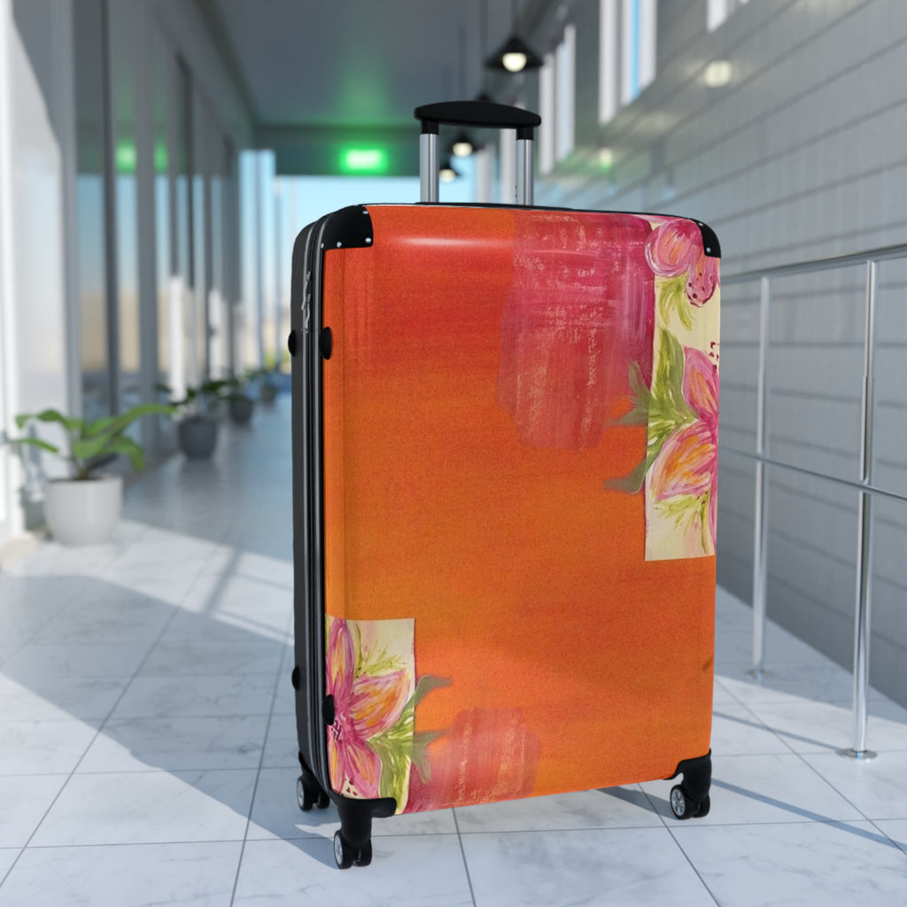 Floral Sunset Suitcase – Vibrant Orange Travel Luggage with Pink Rose Accents
