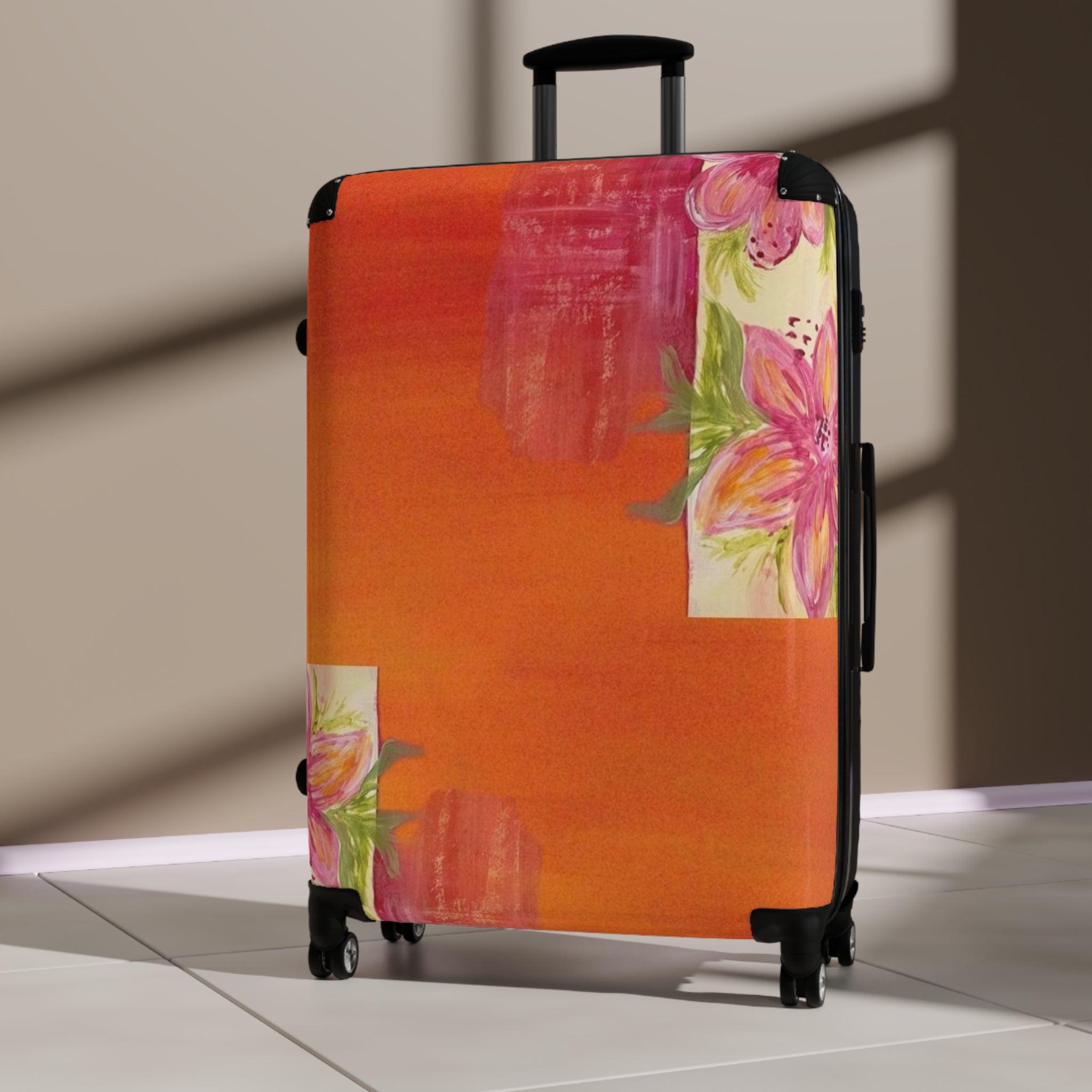 Floral Sunset Suitcase – Vibrant Orange Travel Luggage with Pink Rose Accents