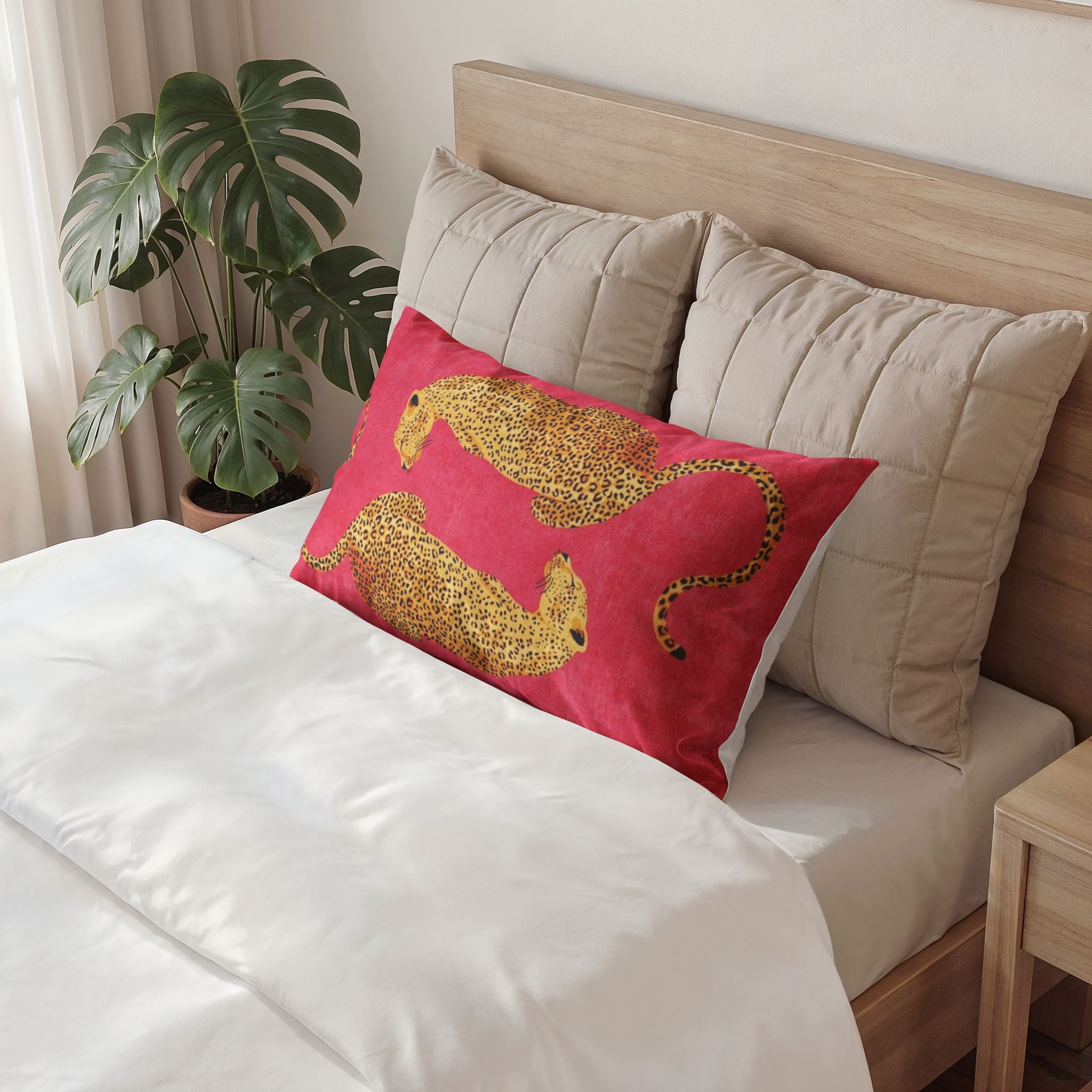 Leopard Pair Cotton Pillow Sham — Pink Watercolor Decorative Throw Pillowcase