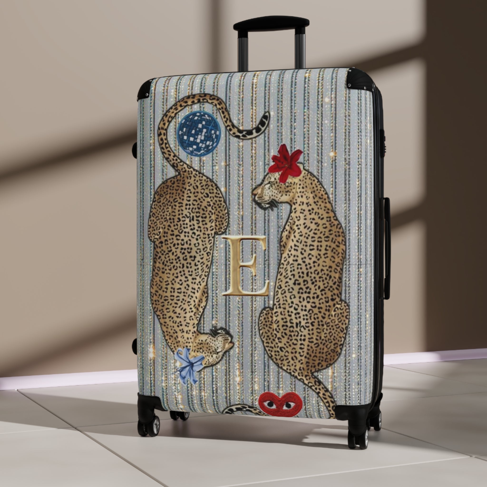 Monogram Leopard Twin Suitcase – Personalized Rolling Carry-On with Floral Accents