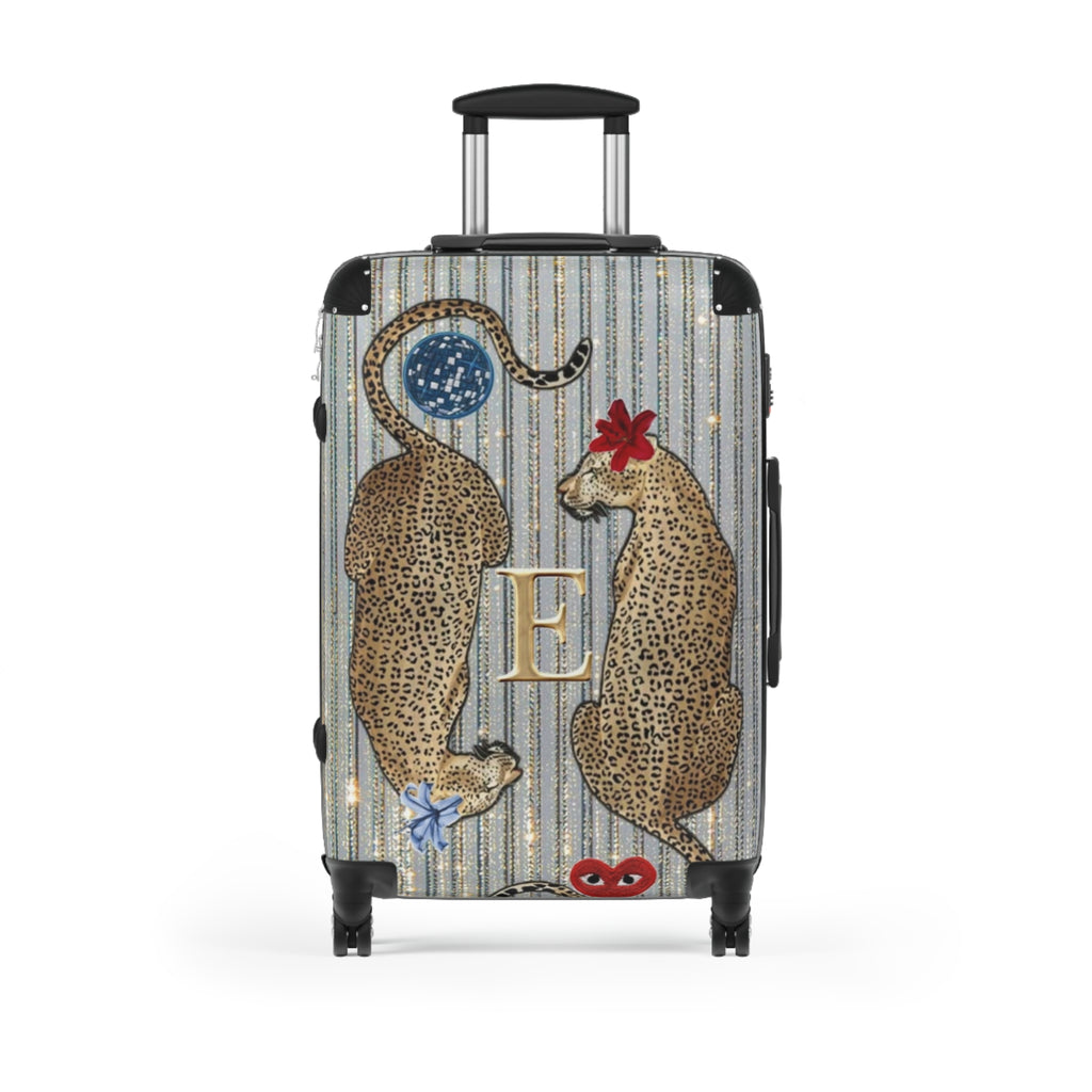 Monogram Leopard Twin Suitcase – Personalized Rolling Carry-On with Floral Accents