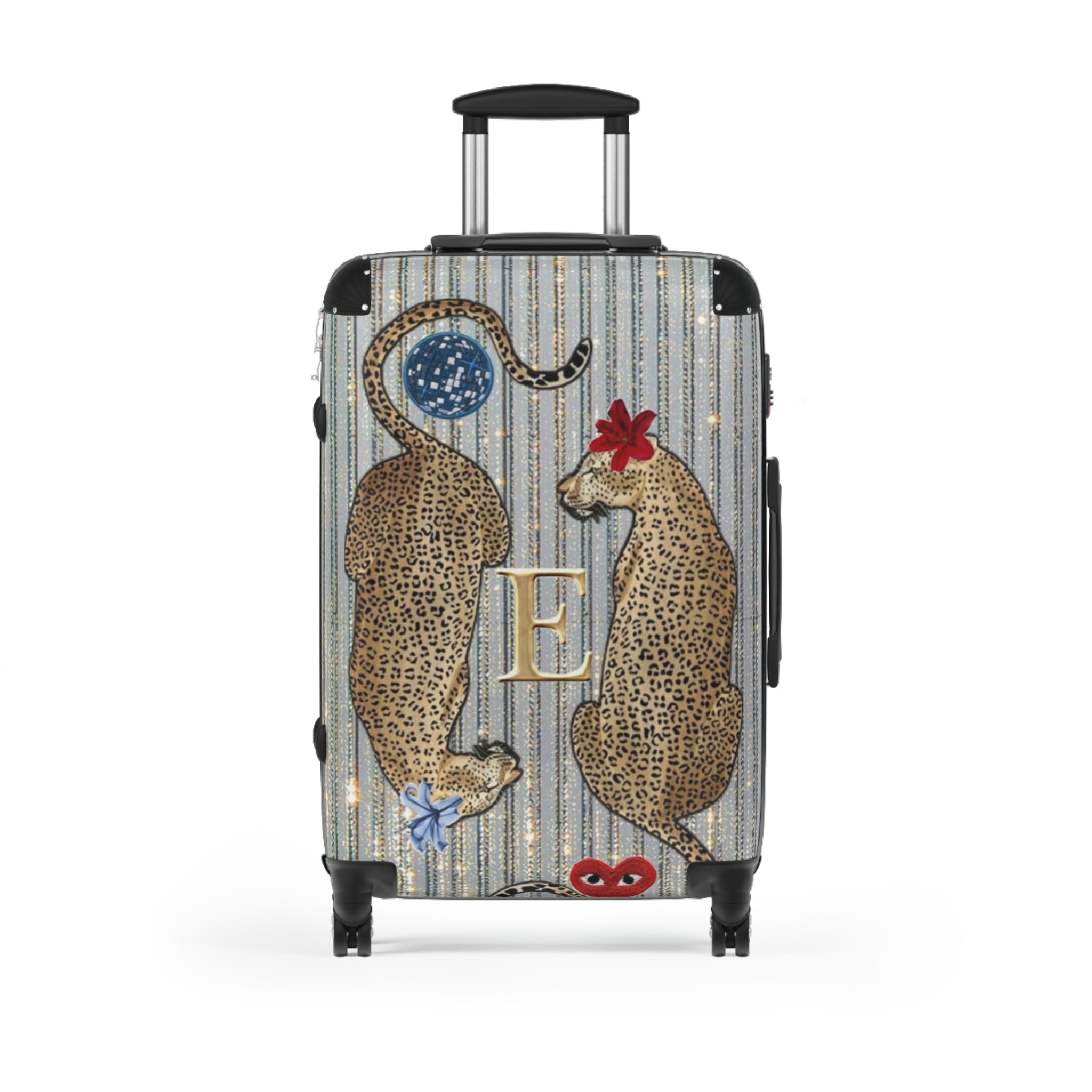 Monogram Leopard Twin Suitcase – Personalized Rolling Carry-On with Floral Accents