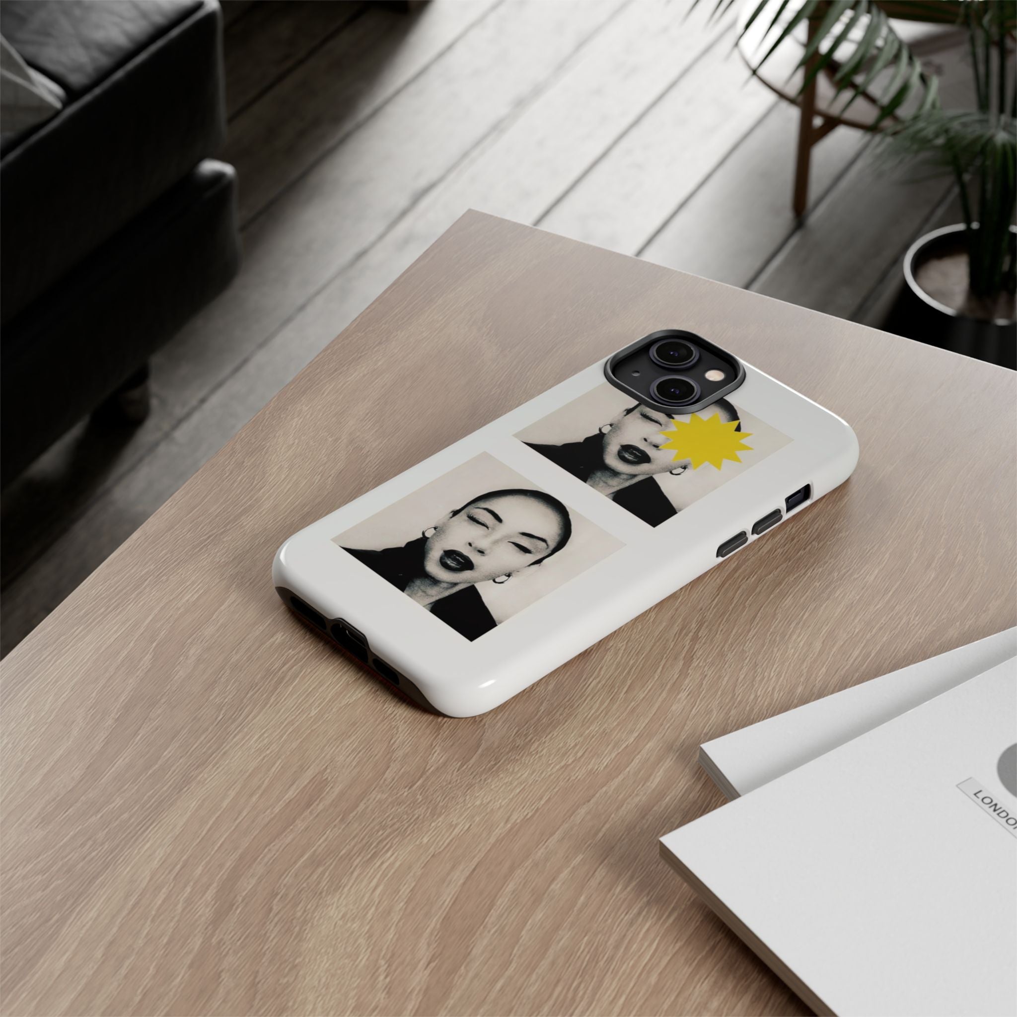 SADE Phone Case — Retro Black & White Portrait with Yellow Sunburst