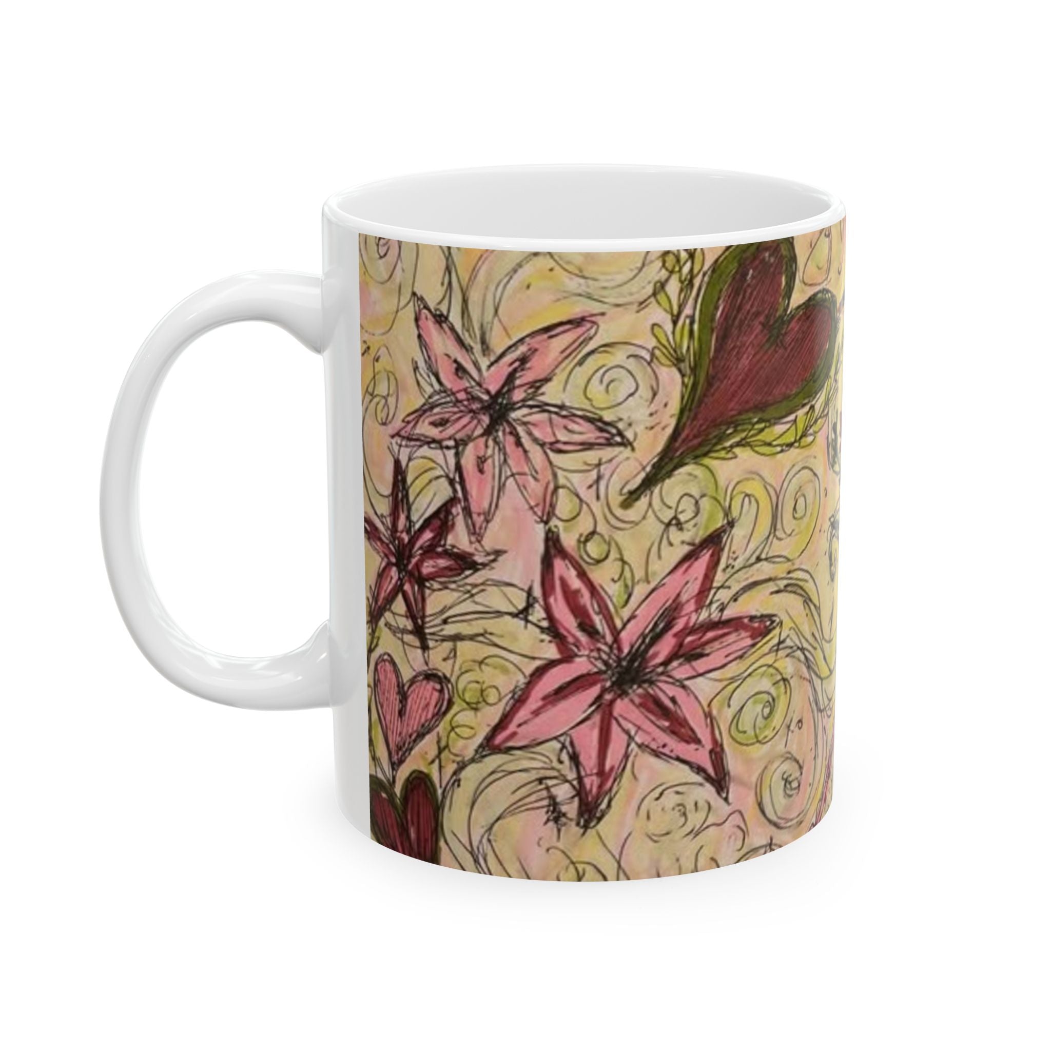 Hand-Drawn Floral Ceramic Mug (11oz/15oz) — Whimsical Hearts & Lanterns Art